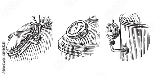 Vintage distillation apparatus sketch. Moonshining vector illustration distillation process