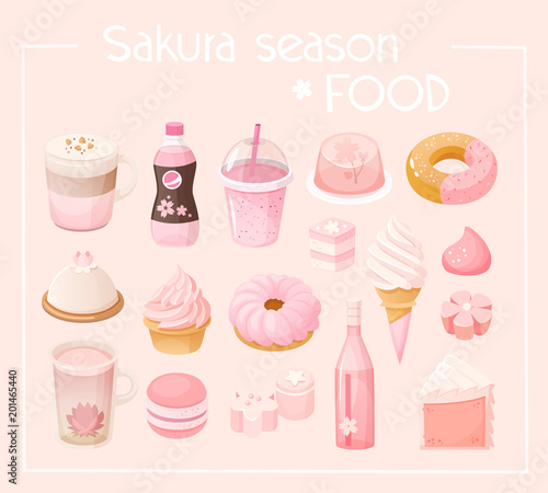 Sakura flavored food. Cherry blossom season in Japan. Vector illustrations