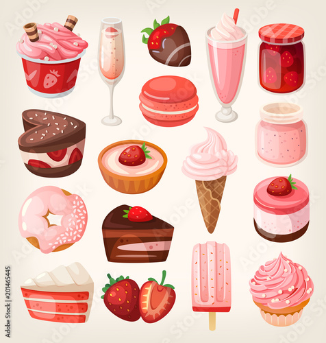 Collection of desserts with strawberry and chocolate flavors