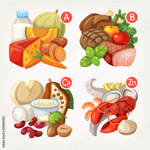 Groups of products rich in vitamins and minerals. Healthy eating vector illustrations