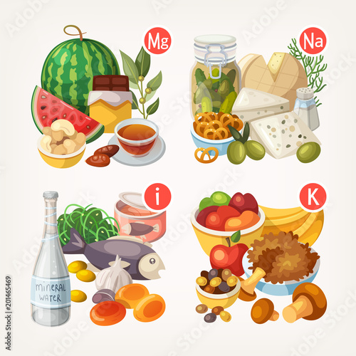 Groups of products rich in various vitamins and minerals.  Vector illustrations