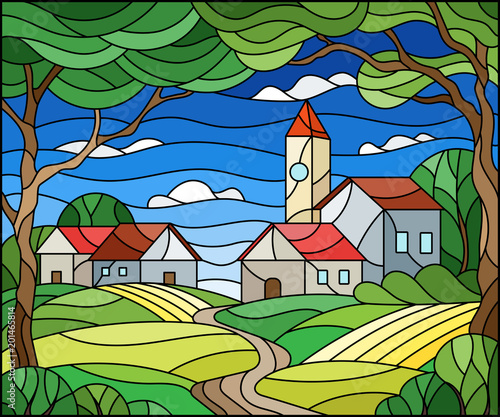 Illustration in stained glass style, urban landscape,roofs and trees against the day sky and sun