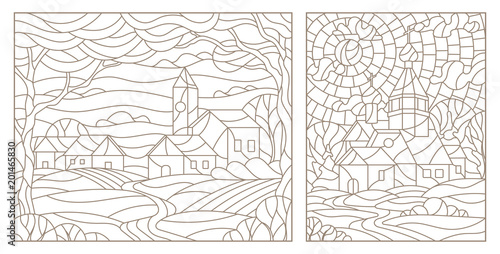 Set contour illustrations of stained glass from countryside provincial town and Church, dark contours on white background