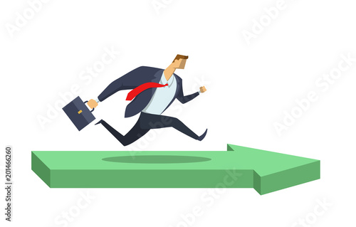 Businessman in office suit running in direction pointed with green arrow. Goals and achievements. Race for success. Hurry up. Concept flat vector illustration, isolated on white background.