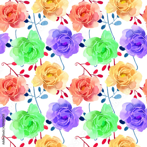 Beautiful Colorful Watercolor Rose Floral Seamless Pattern Background. Elegant illustration with flowers.