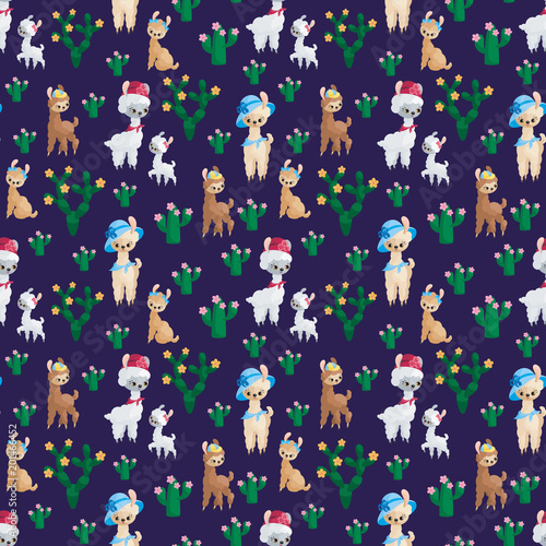 Seamless pattern with the image of cute llamas in cartoon style. Colorful vector background