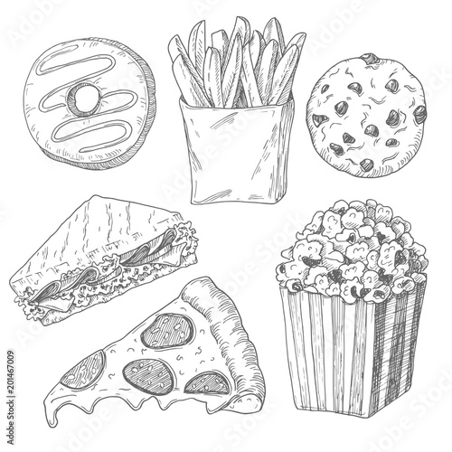 Hand drawn fastfood set, black and white draft sketch isolated on white background. Vintage vector illustration.