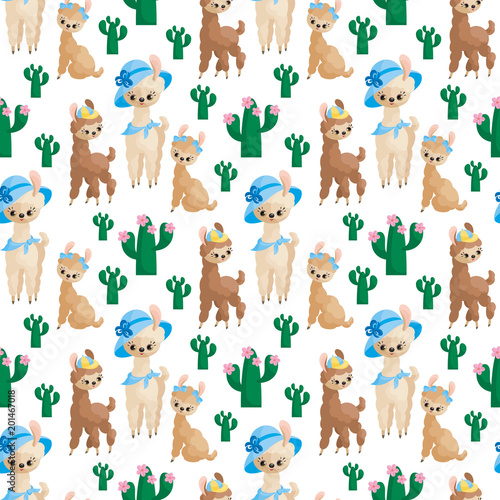 Fototapeta Naklejka Na Ścianę i Meble -  Seamless pattern with the image of cute llamas in cartoon style. Colorful vector background
