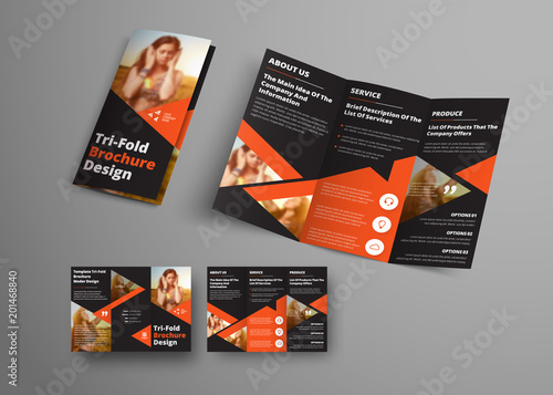Design of a vector tri-fold brochure with orange triangular elements and place for a photo.