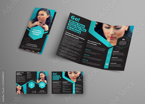 Design of a vector triple folding brochure with blue hexagonal elements and a place for photos