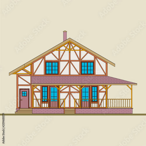 The house is built of natural wood and plastered brick.  "Post-and-beam" construction, as a style of architecture of an apartment house.