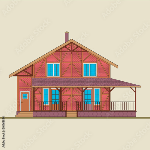 The house is built of natural wood and red  brick.  "Post-and-beam" construction, as a style of architecture of an apartment house.