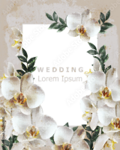 Vintage frame with realistic orchid flowers Vector. Wedding Invitation delicate floral decor. Old Grunge effect. 3d illustrations