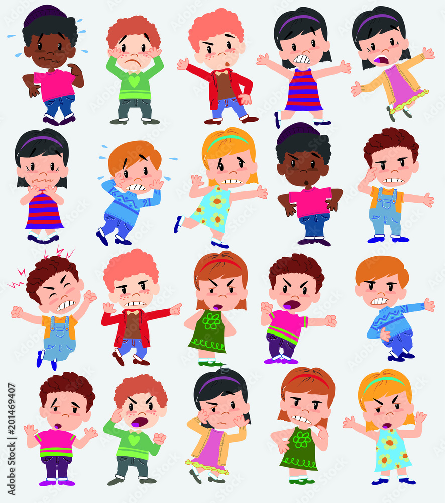 Cartoon character boys and girls. Set with different postures, attitudes  and poses, always in negative attitude, doing different activities. Vector  illustrations. Stock Vector | Adobe Stock
