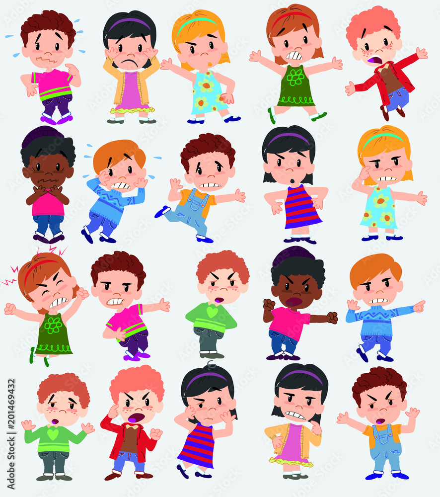 Cartoon character boys and girls. Set with different postures, attitudes and poses, always in negative attitude, doing different activities. Vector illustrations. Cartoon character boys and girls. Set with different postures, attitudes and poses, always in negative attitude, doing different activities. Vector illustrations.
