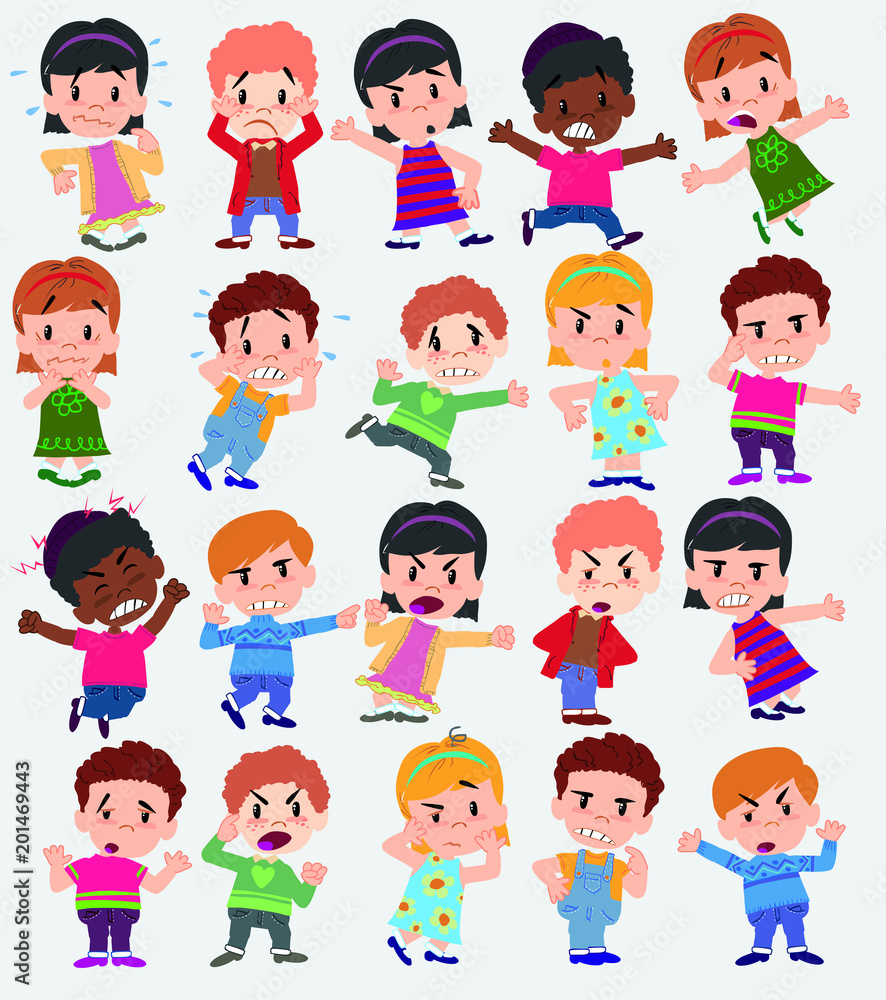 Cartoon character boys and girls. Set with different postures, attitudes and poses, always in negative attitude, doing different activities. Vector illustrations. Cartoon character boys and girls. Set with different postures, attitudes and poses, always in negative attitude, doing different activities. Vector illustrations.