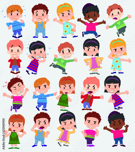 Cartoon character boys and girls. Set with different postures, attitudes and poses, always in negative attitude, doing different activities. Vector illustrations.