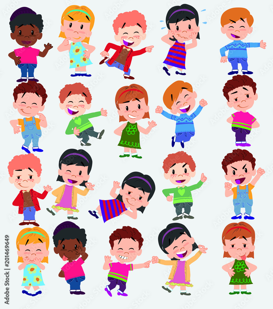 Cartoon character boys and girls. Set with different postures, attitudes and poses, always in positive attitude, doing different activities. Vector illustrations. Cartoon character boys and girls. Set with different postures, attitudes and poses, always in positive attitude, doing different activities. Vector illustrations.