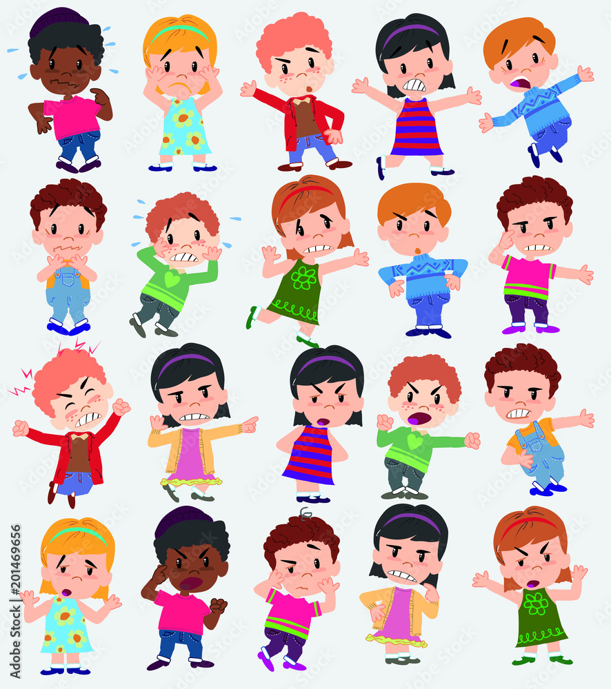 Cartoon character boys and girls. Set with different postures, attitudes and poses, always in negative attitude, doing different activities. Vector illustrations. Cartoon character boys and girls. Set with different postures, attitudes and poses, always in negative attitude, doing different activities. Vector illustrations.