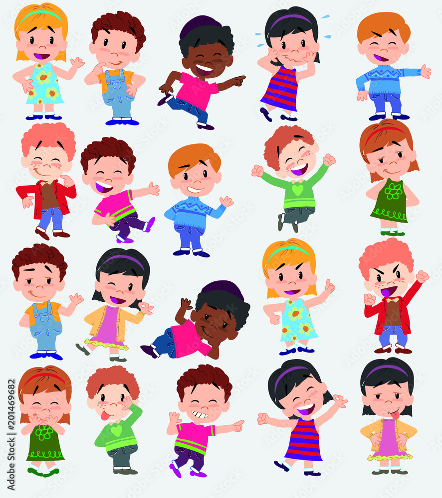 Cartoon character boys and girls. Set with different postures, attitudes and poses, always in positive attitude, doing different activities. Vector illustrations. Cartoon character boys and girls. Set with different postures, attitudes and poses, always in positive attitude, doing different activities. Vector illustrations.