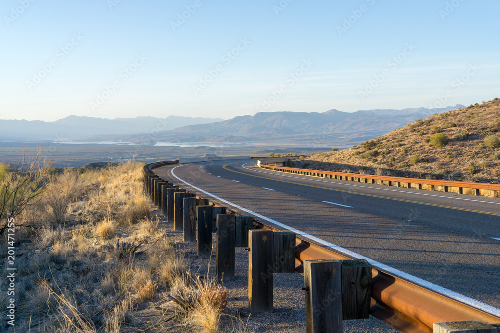 Fototapeta premium Hwy 188 from Globe to Roosevelt Lake at sunset, AZ, USA