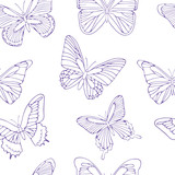 Seamless background with purple butterflies. Hand drawn pattern.Vector illustration. Outline drawing. Pattern for paper products or fabrics.
