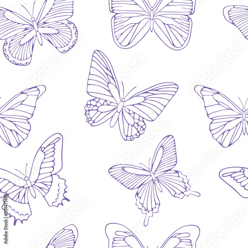 Seamless background with purple butterflies. Hand drawn pattern.Vector illustration. Outline drawing. Pattern for paper products or fabrics. © Marinika