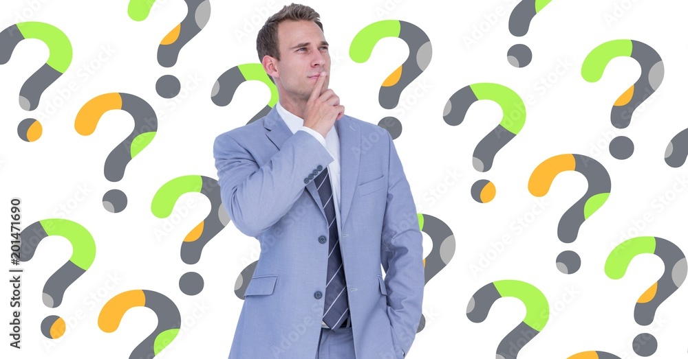 Man thinking with minimal design question marks Man thinking with minimal design question marks