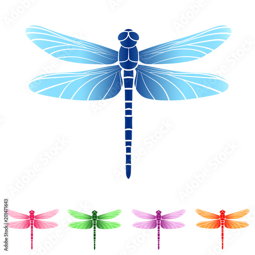 Vector illustration. Set of beautiful colorful dragonflies. Isolated. 