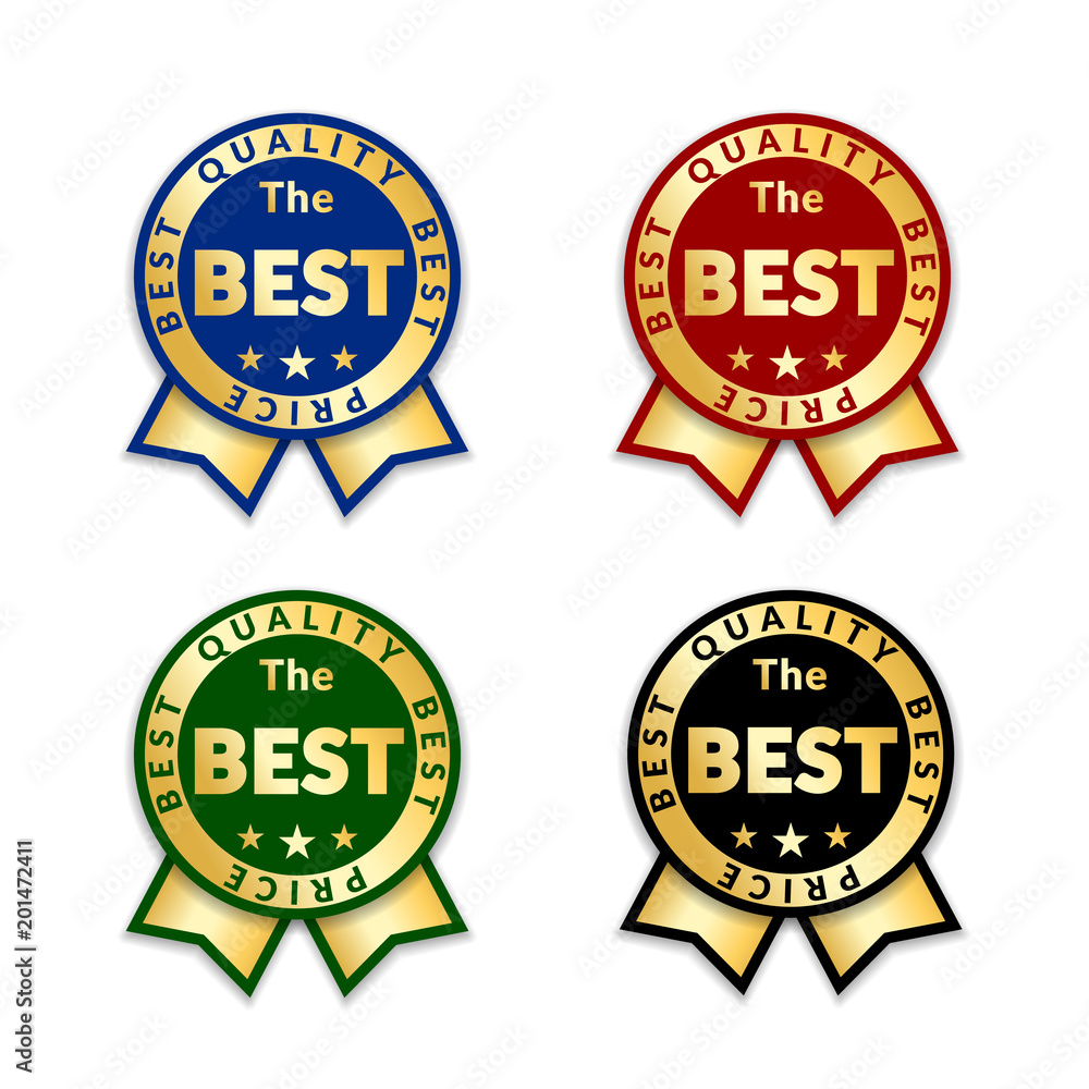 Ribbons award best price label set. Gold ribbon award icon isolated white background. Best quality golden label for badge, medal, best choice, price, certificate guarantee product. Vector illustration