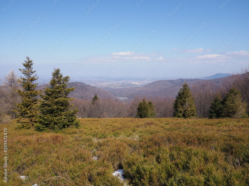 Scenic panorama of Beskid Mountains range landscape seen from Blatnia mount near Bielsko-Biala city in Poland