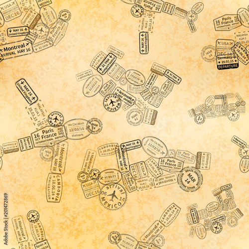 Black immigration stamps arranged in car, plane, ship and train shape on old paper, seamless pattern