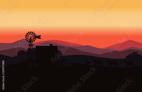 Rural landscape with milk farm and herd cows.