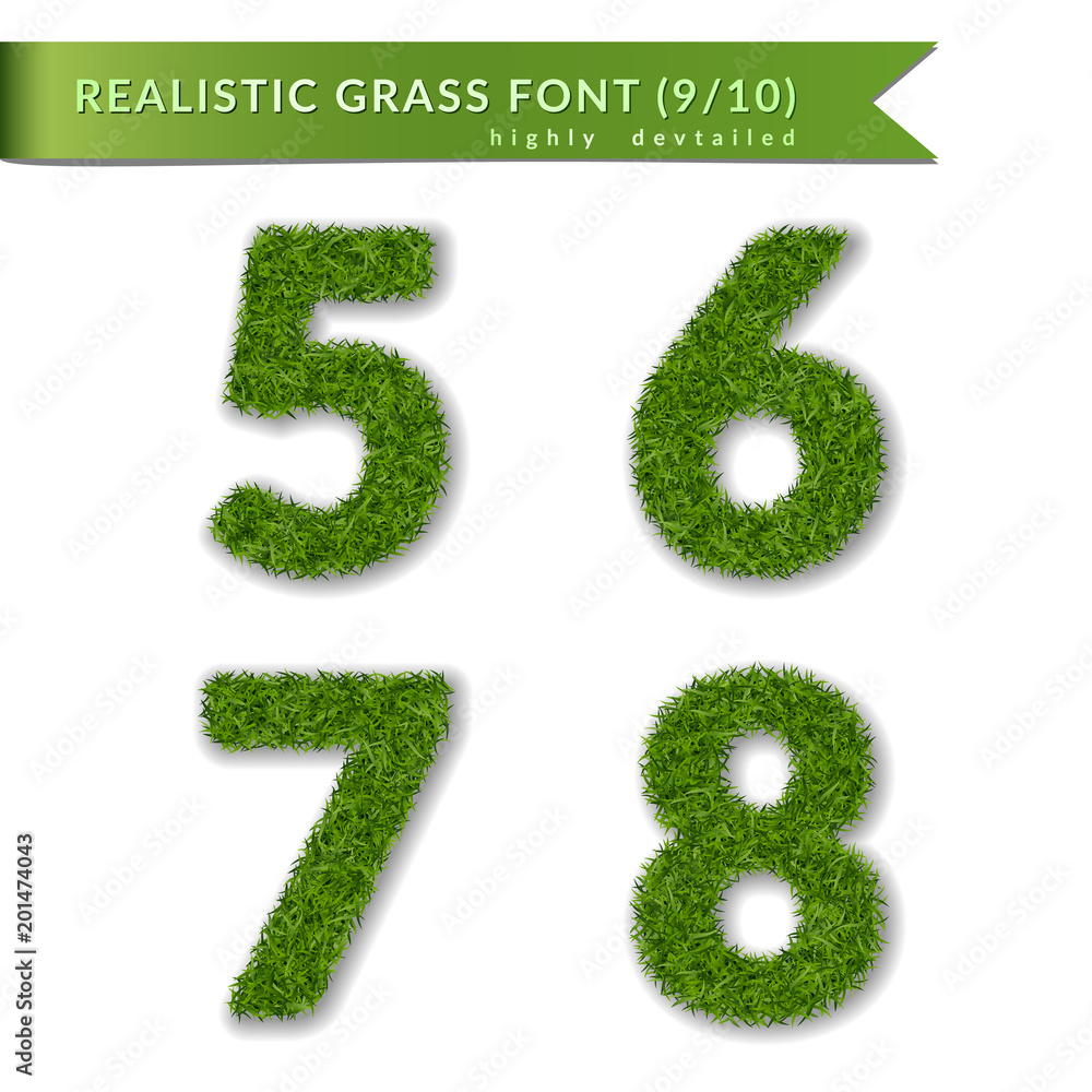 Grass numbers 5 6 7 8. Green numbers five, six, seven, eight isolated on white background. Green grass, symbol of fresh nature, plant lawn, summer. Grass spring font. Eco design. Vector illustration Grass numbers 5 6 7 8. Green numbers five, six, seven, eight isolated on white background. Green grass, symbol of fresh nature, plant lawn, summer. Grass spring font. Eco design. Vector illustration