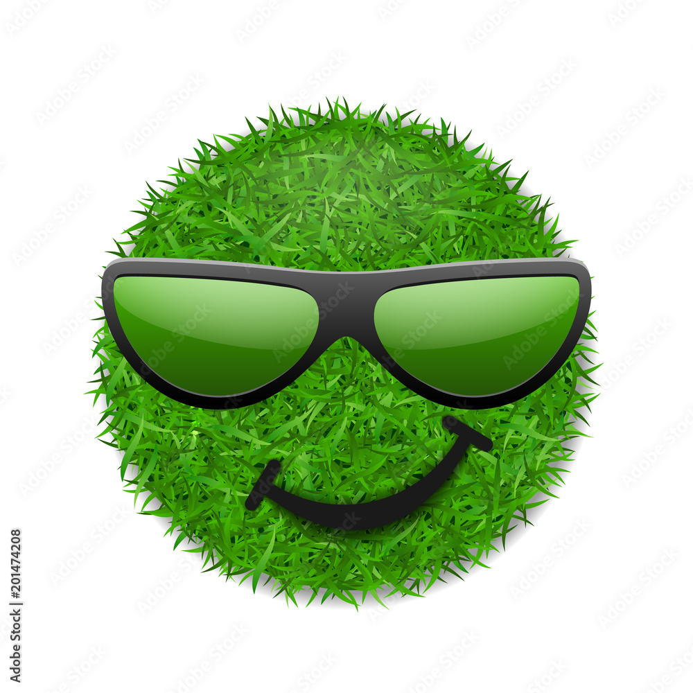 Green grass field 3D. Face wink smile with sunglasses. Smiley grassy
