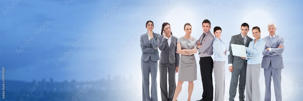 Business people and City with flare light source Business people and City with flare light source
