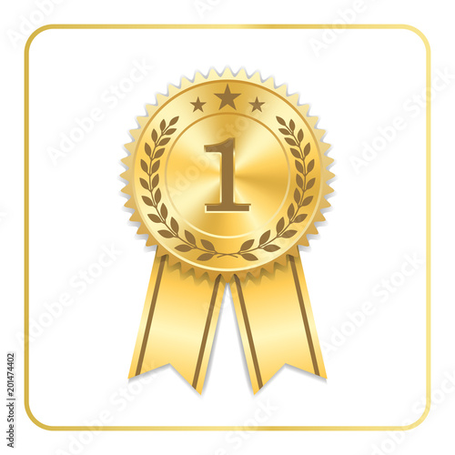 Award ribbon gold icon. Blank medal with laurel wreath isolated white background. Stamp rosette design trophy. Golden symbol winner, celebration, sport competition, champion. Vector illustration