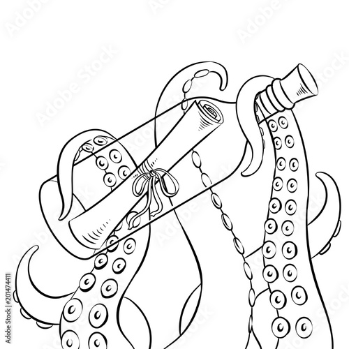 Octopus and message in bottle coloring book vector