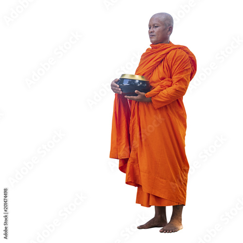 Buddhist monks holding rice bowls on white background with clipping part