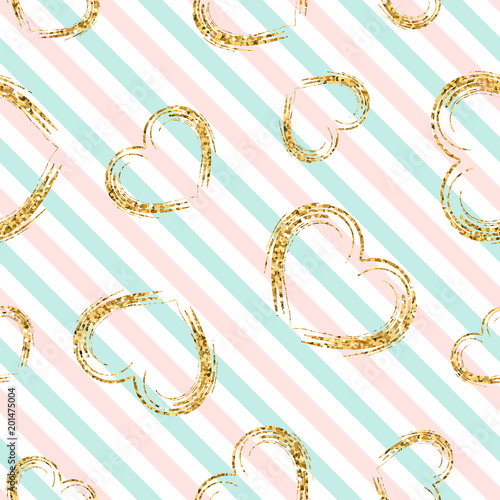 Gold heart seamless pattern. Blue-pink-white geometric stripes, golden grunge confetti-hearts. Symbol of love, Valentine day holiday. Design wallpaper, background, fabric texture. Vector illustration