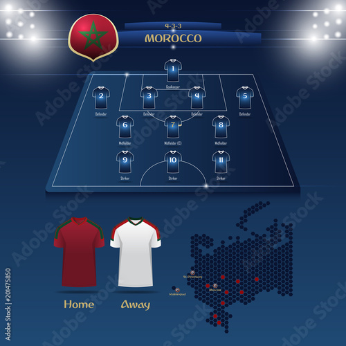 Team Morocco soccer jersey or football kit with match formation tactic infographic. Football player position on football pitch and stadium map. Vector Illustration.