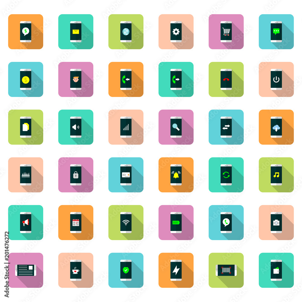 Vector icon set of mobile function in flat style with shadow. Vector icon set of mobile function in flat style with shadow.