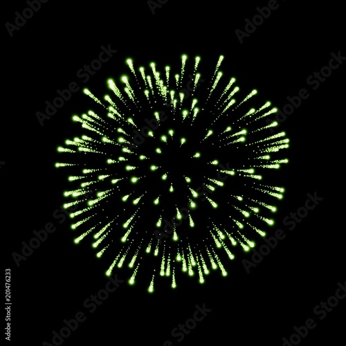 Firework green sparkle isolated background. Beautiful night fire, explosion decoration, holiday, Christmas, New Year, birthday. Symbol festival, American 4th july celebration. Vector illustration