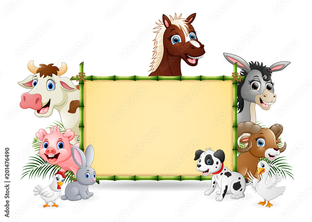Obraz premium Farm animals with a blank sign bamboo 