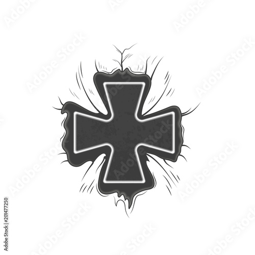vector sketch of an old Maltese iron cross in a crack hole of bones. isolated on white background