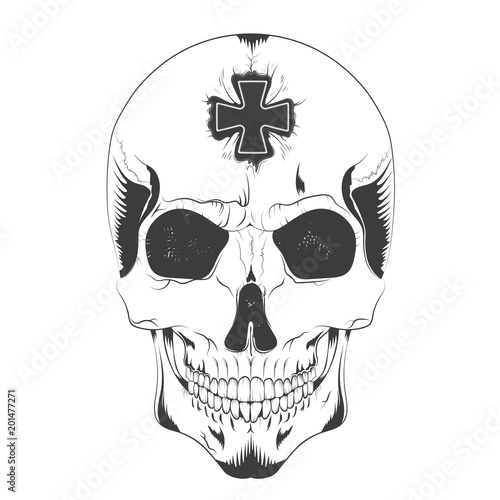 vector skull sketch of a man with a crack in his forehead from which the Maltese cross is visible. isolated on white background