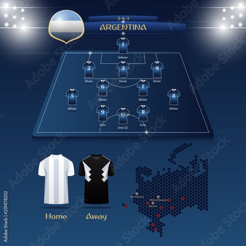 Team Argentina soccer jersey or football kit with match formation tactic infographic. Football player position on football pitch and stadium map. Vector Illustration.
