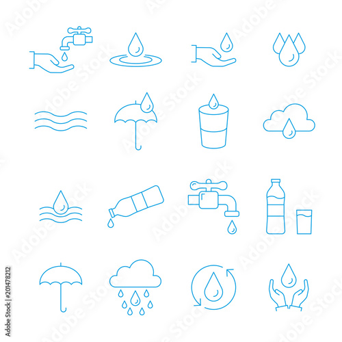 Water and drop icon set in thin line style. Vector illustration.
