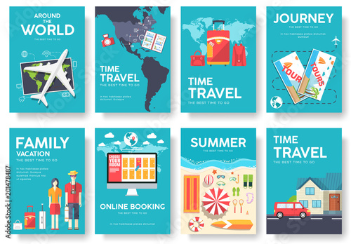 Tour of the world vector brochure set. Travel template of flyear, magazines, posters, book cover, banners. Summer vacation trip infographic concept background. Layout illustrations modern pages