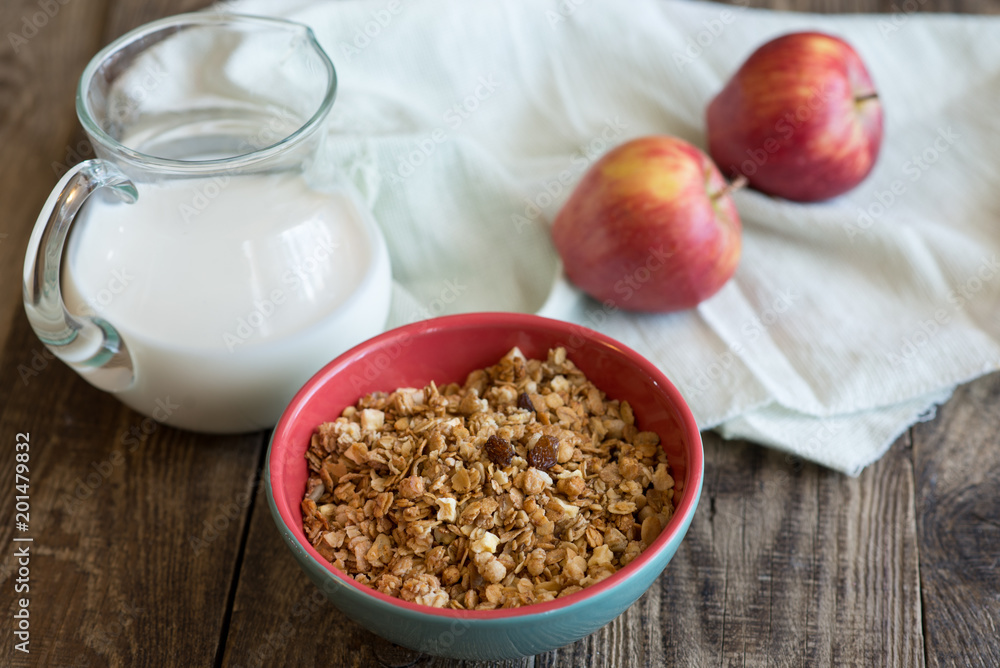 a jug of milk, apples and porridge a jug of milk, apples and porridge